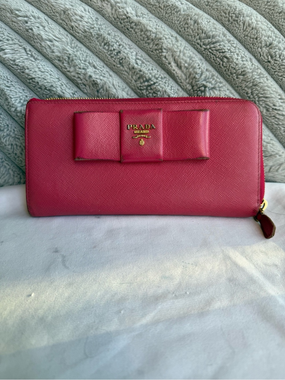 Prada Dark Pink Saffiano Bow Zip Wallet with Gold Logo